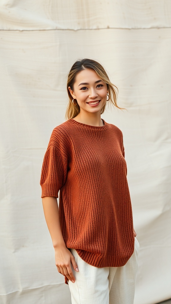 A woman smiling while wearing a short-sleeve sweater and linen pants, showcasing a stylish early fall outfit.