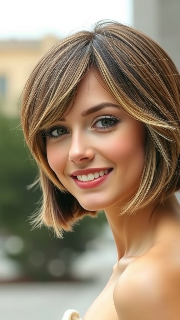 A woman with a short A-line haircut featuring beige highlights, smiling outdoors.