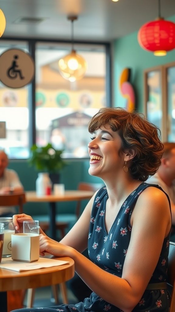 A woman with short curly hair smiling in a café, embodying a 60s hairstyle.
