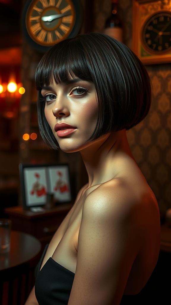 A model with a sleek bob hairstyle, showcasing vintage glam in a cozy setting.