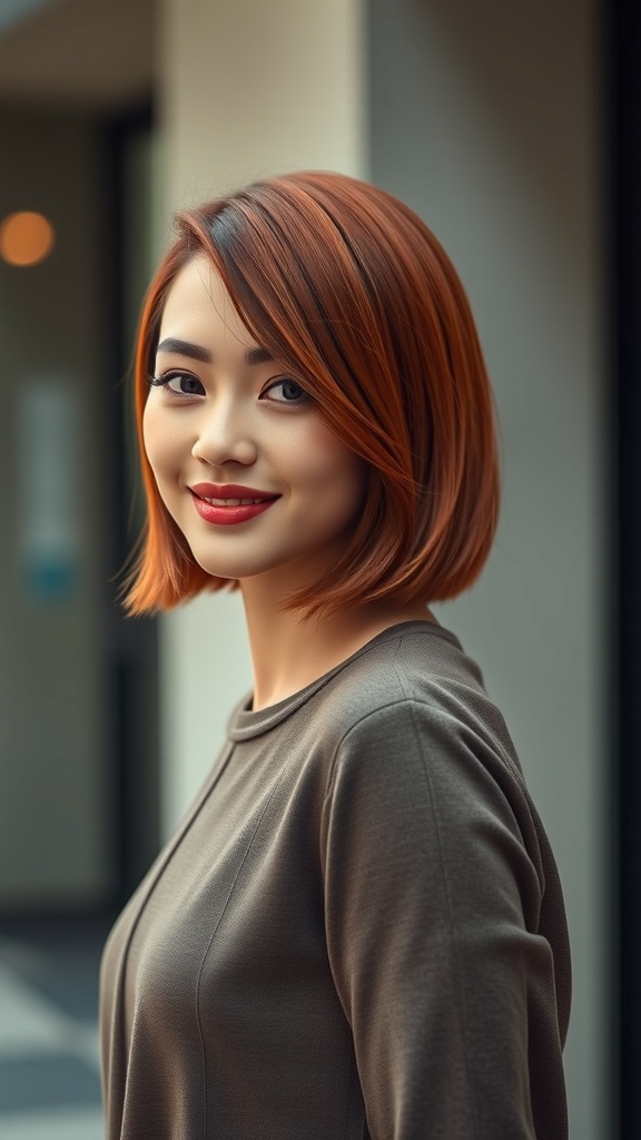 A woman with a short auburn bob hairstyle featuring feathered ends, smiling confidently.