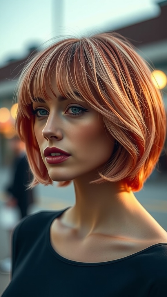 A woman with a short bob hairstyle in strawberry blonde with red lowlights, showcasing a modern and stylish look.