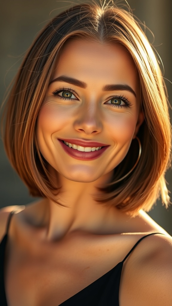 A woman with a short bob hairstyle featuring golden babylights, smiling brightly.