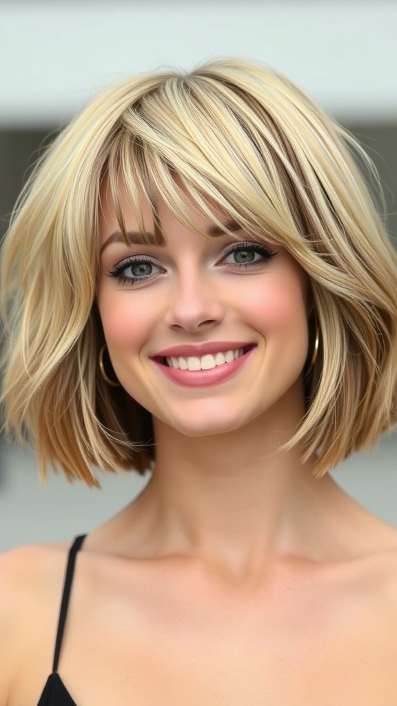 A woman with a short bob hairstyle featuring blonde hair with brown highlights, smiling and looking stylish.