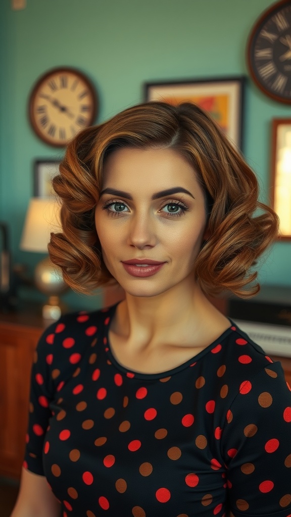 A woman with a short bob hairstyle featuring vintage curls, wearing a polka dot dress.