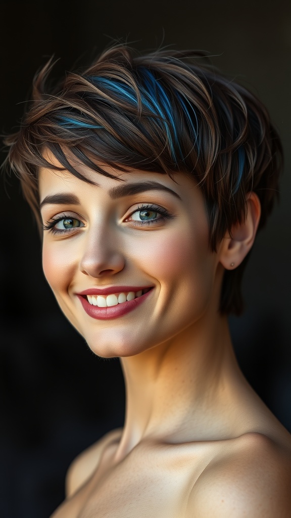 A woman with a short brown pixie haircut featuring blue highlights in the fringe.