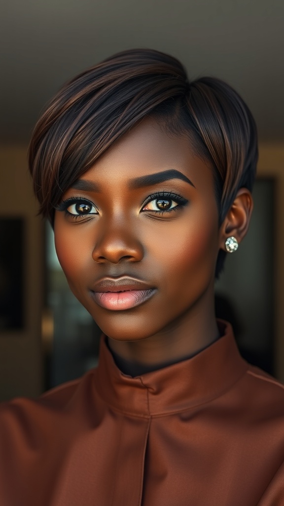 A woman with a short brown pixie cut featuring defined edges, showcasing her confident look.