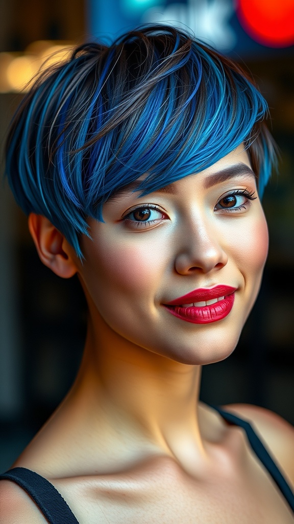 A person with a short brown undercut and neon blue hair on top, smiling confidently.
