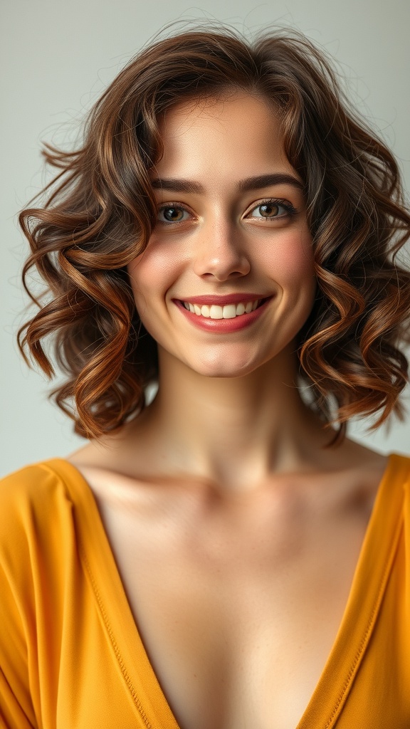 A woman with short brunette curls and soft cinnamon highlights, smiling brightly.