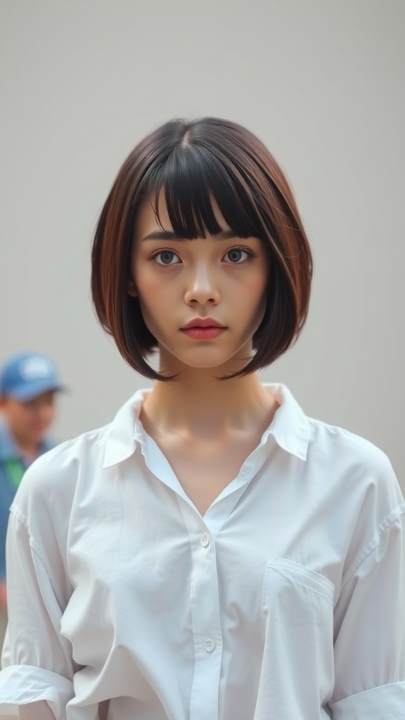 A woman with a short center-parted bob hairstyle, wearing a white shirt.