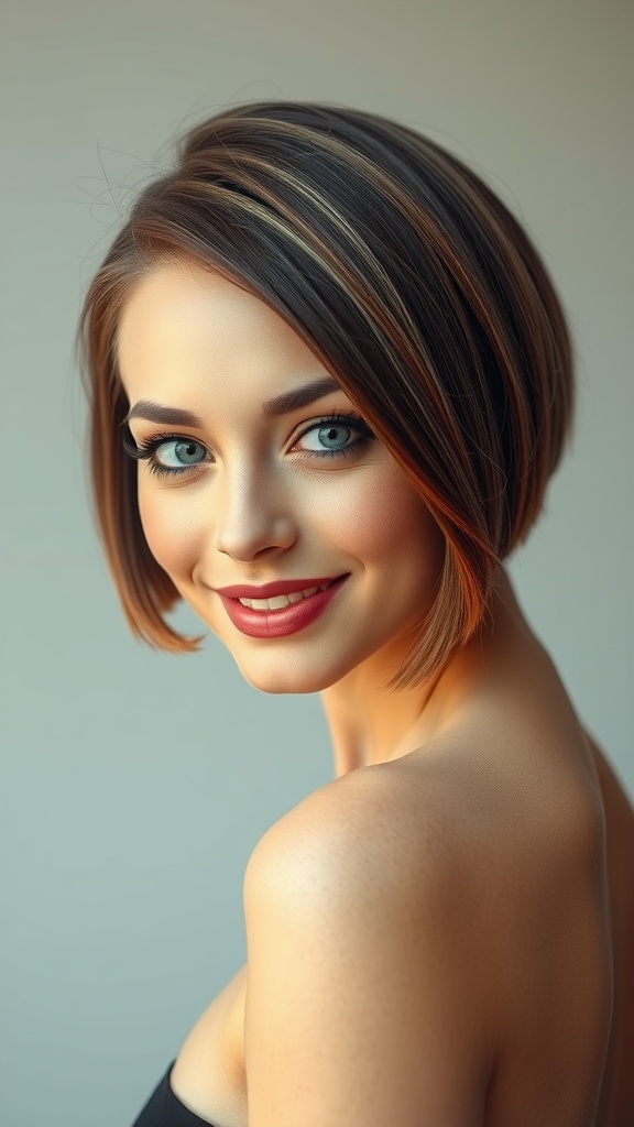 A woman with a short choppy bob hairstyle featuring caramel highlights, smiling at the camera.