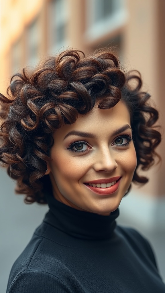 A woman with short cropped curls in chestnut color, smiling confidently.