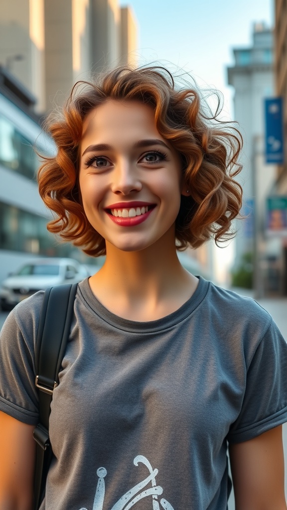 A smiling woman with short curly bob hair in honey tea brown color, wearing a gray t-shirt, standing outdoors.