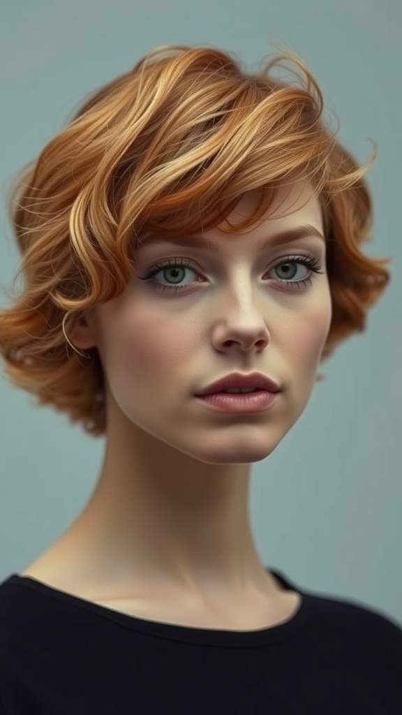 A model with short curly ginger hair featuring sunlit blonde highlights.