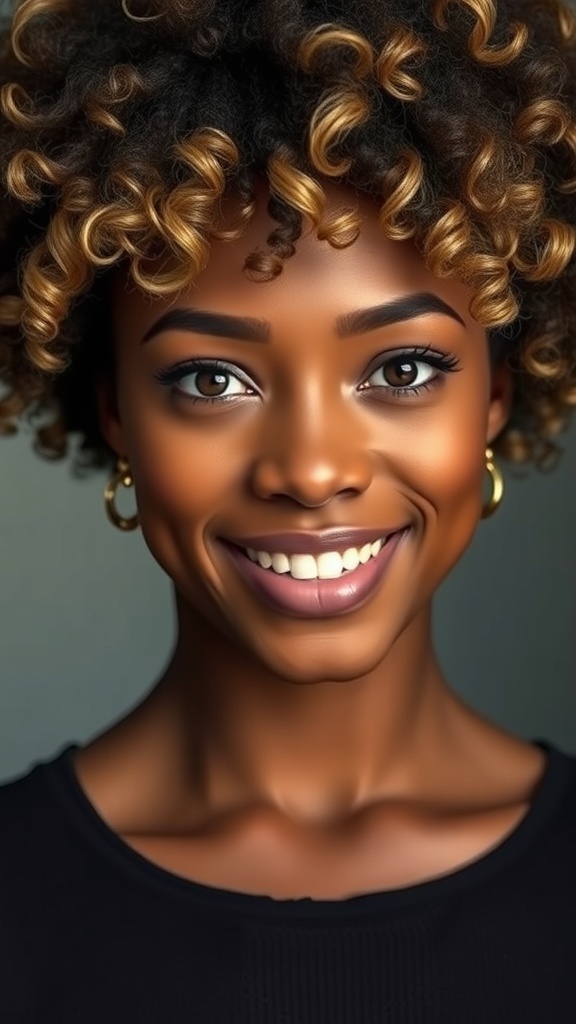 A woman with short natural curls featuring honey highlights, smiling brightly.