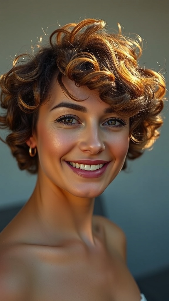 A woman with short natural curls and honey highlights, smiling brightly.