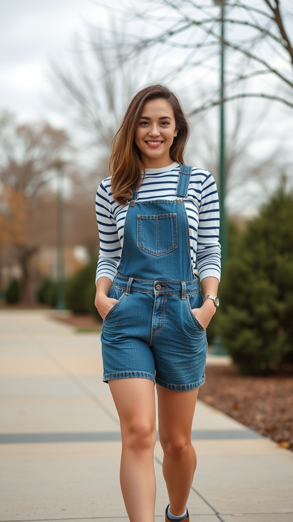 A woman wearing short denim overalls and a striped long-sleeve tee, smiling while walking outdoors.