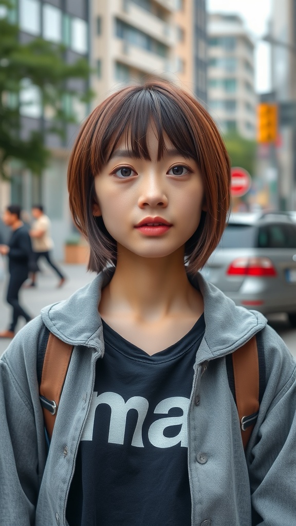 A young woman with a short shag straight hairstyle, wearing a casual outfit, standing in an urban setting.