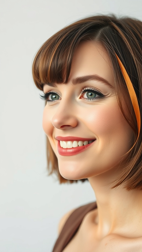A woman with a short straight bob hairstyle featuring bronze highlights, smiling and showcasing her vibrant look.