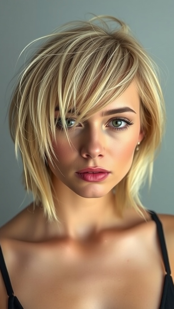 A woman with a short textured blonde bob and side part, showcasing a modern hairstyle.