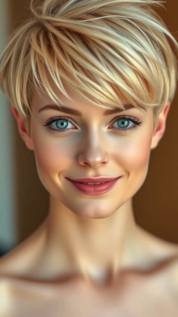 A woman with a short textured blonde pixie haircut and striking blue eyes, smiling softly.