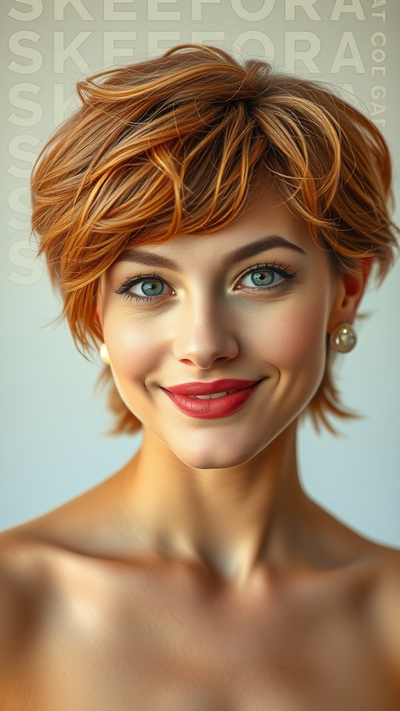 A woman with short tousled layers and copper highlights, smiling confidently.