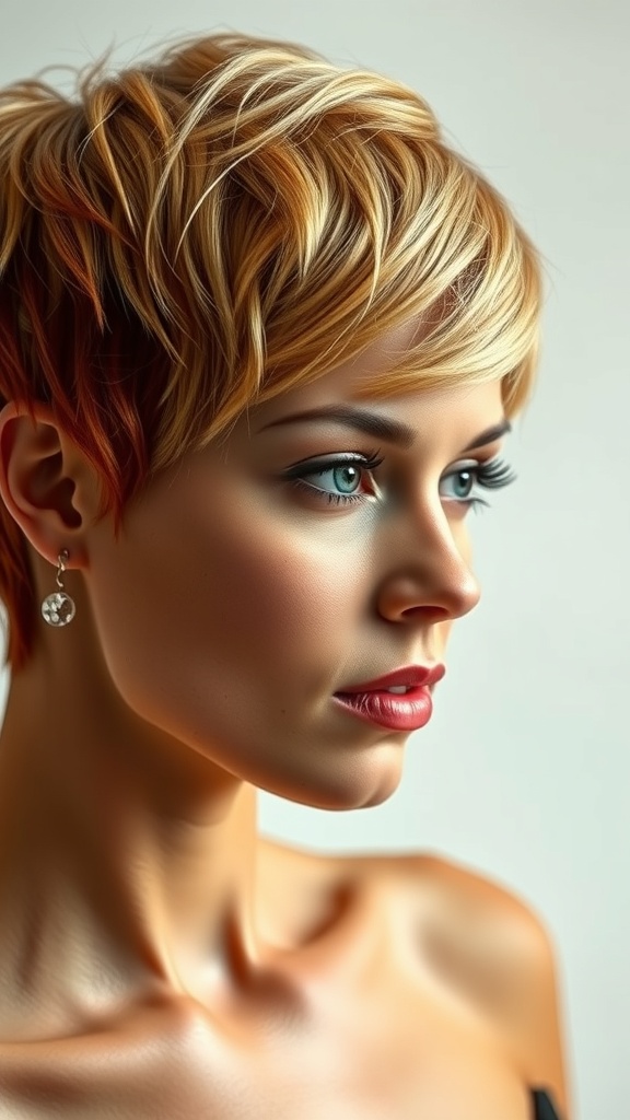 A woman with short undercut ginger hair and blonde highlights, showcasing a stylish and modern look.