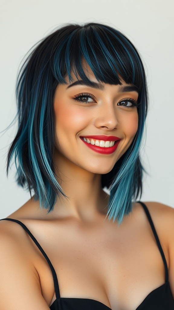A woman with a short undercut hairstyle featuring icy blue streaks, smiling confidently.