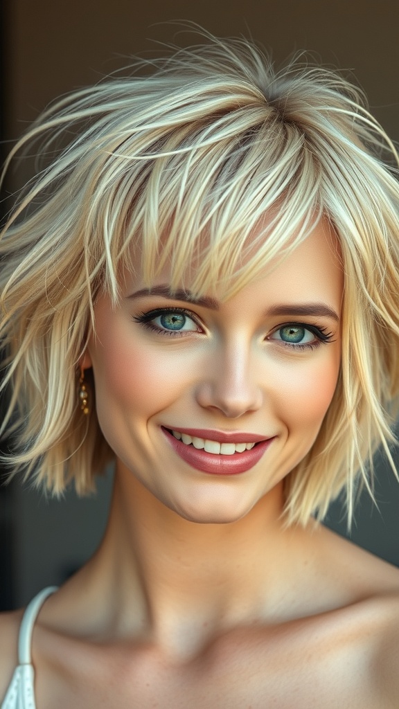 A woman with short, messy bob cut in creamy vanilla blonde hair, smiling with a bright expression.
