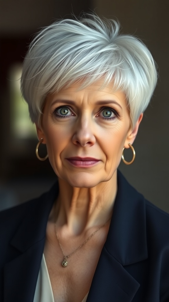 A woman with a short volumized pixie hairstyle, showcasing a youthful and stylish look.
