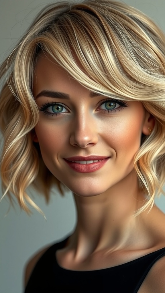 A woman with a short wavy bob hairstyle featuring champagne blonde highlights.