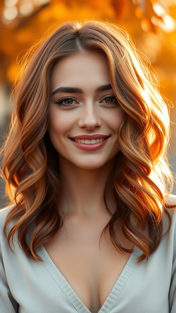 A woman with shoulder-length rust red hair styled in textured waves, smiling in an autumn setting.