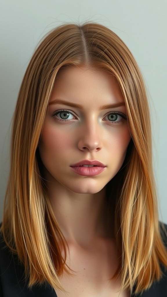 Shoulder-length straight ginger hair with fine blonde foils