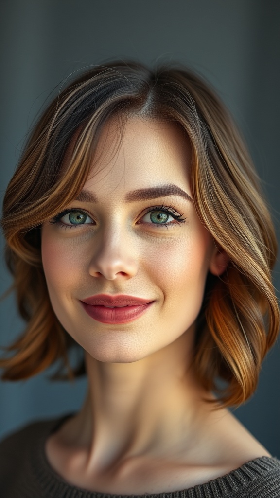 A woman with shoulder-length toffee waves, showcasing warm hair tones and a natural look.