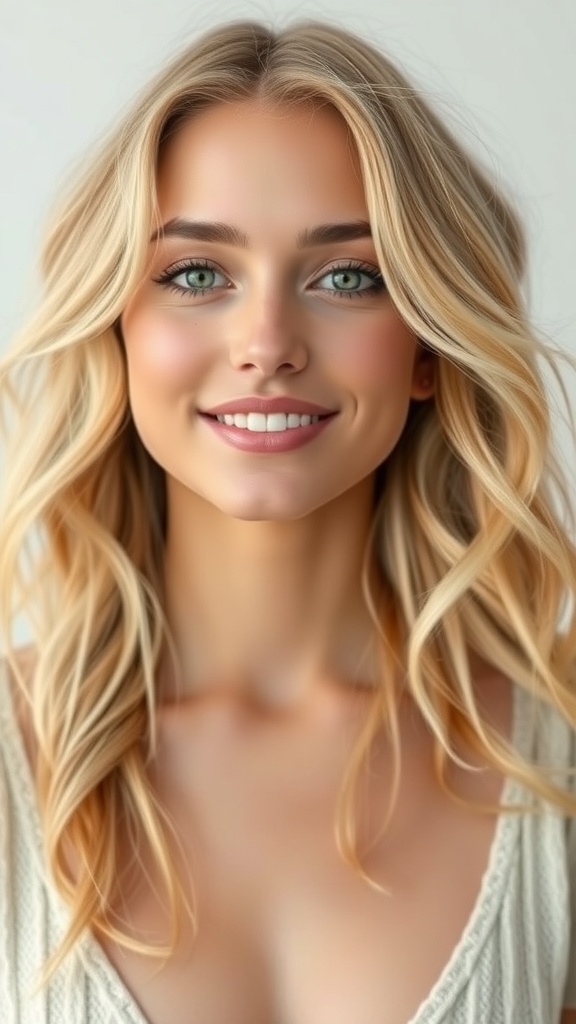 A woman with shoulder-length blonde hair styled in soft waves, featuring sandy lowlights.