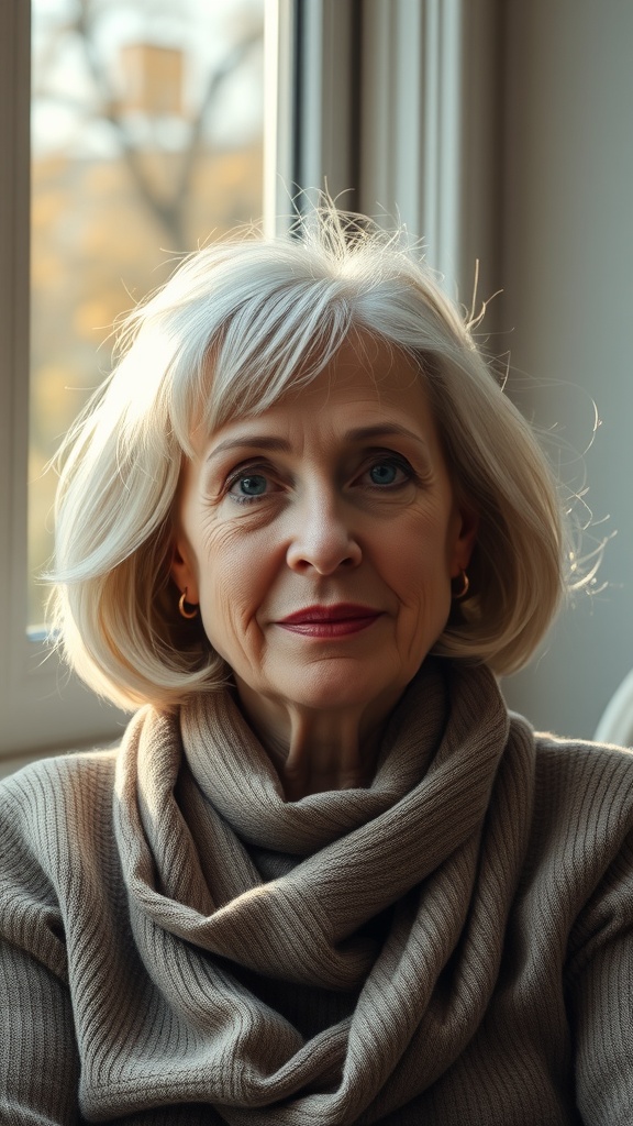 A woman with shoulder-length hair and wispy bangs, smiling softly while seated by a window.