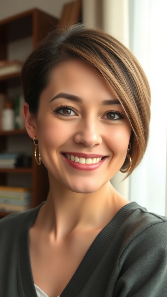 A woman with a side-part sleek bob hairstyle, smiling warmly in a cozy indoor setting.