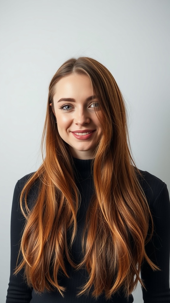 A woman with side-parted copper hair featuring blonde highlights, smiling against a light background.