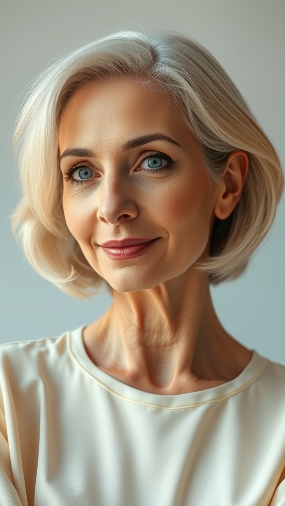 A woman with a side-parted shoulder bob hairstyle, showcasing a modern and stylish look.