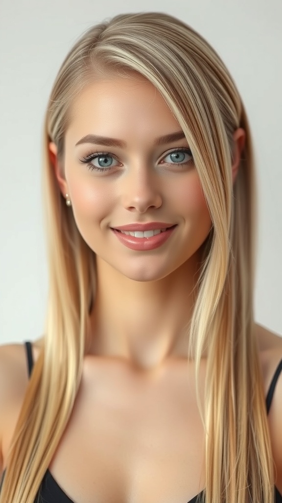 A woman with straight blonde hair styled in a side part, featuring lowlights for added depth.
