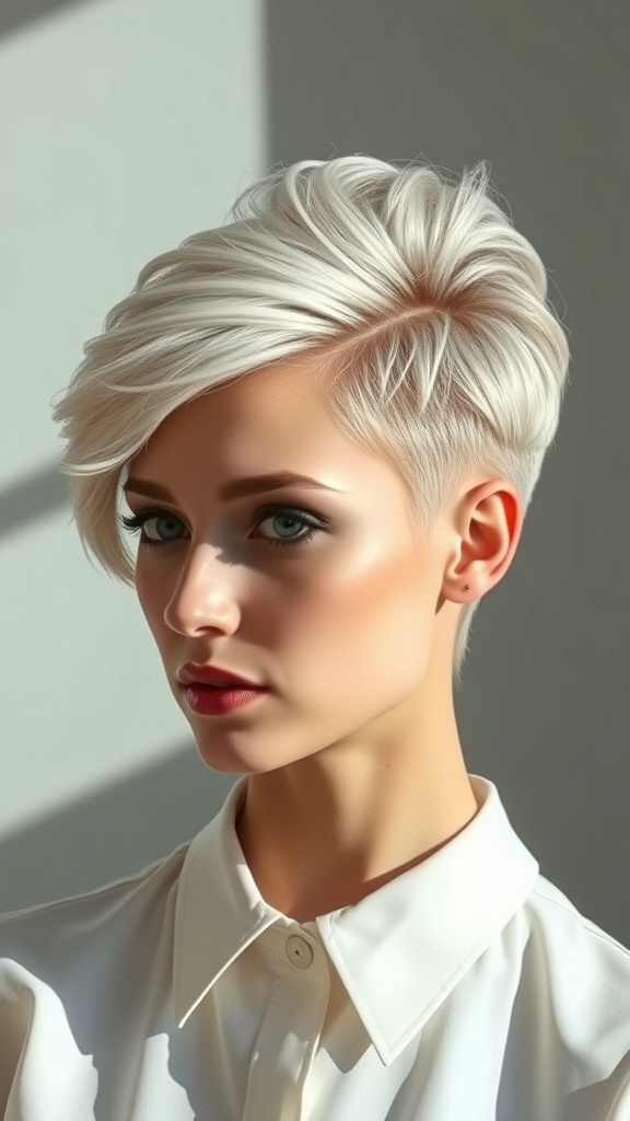 A stylish side-slicked pixie cut with volume, showcasing a modern and bold look.