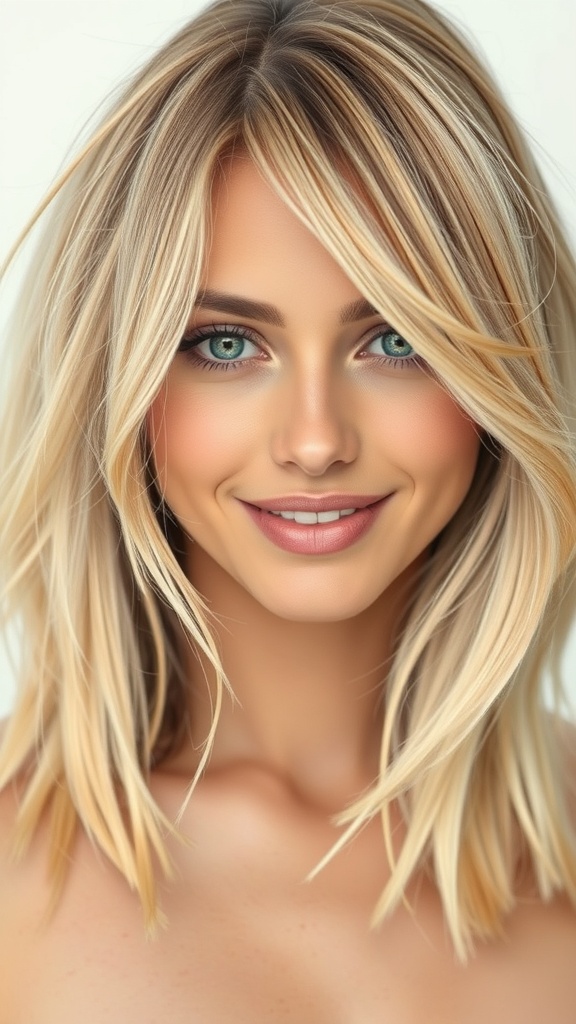 A woman with side-swept bangs and layered blonde hair with brown highlights, smiling at the camera.