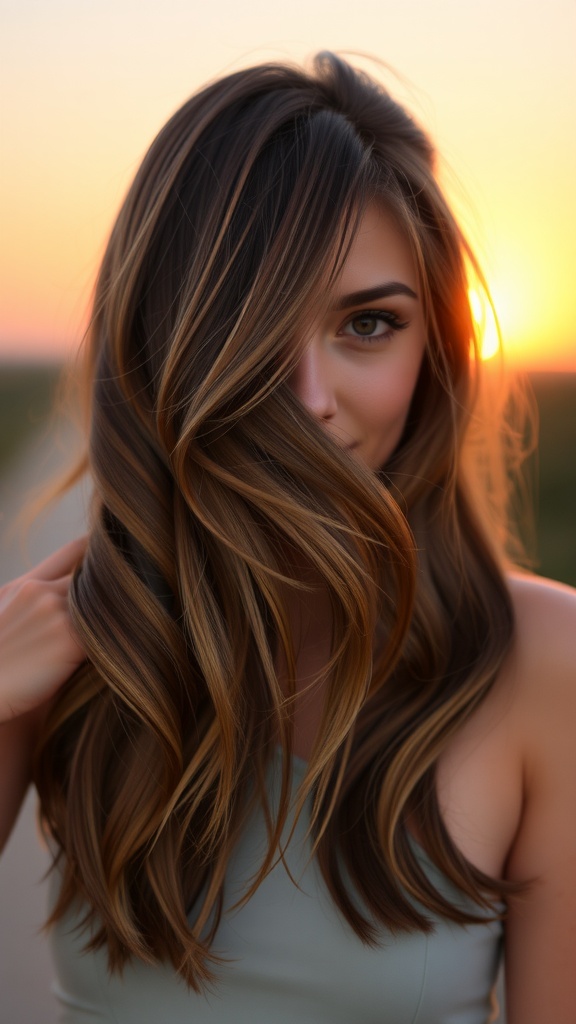 A woman with light chocolate brown hair styled in soft layers and side-swept bangs, illuminated by sunset.