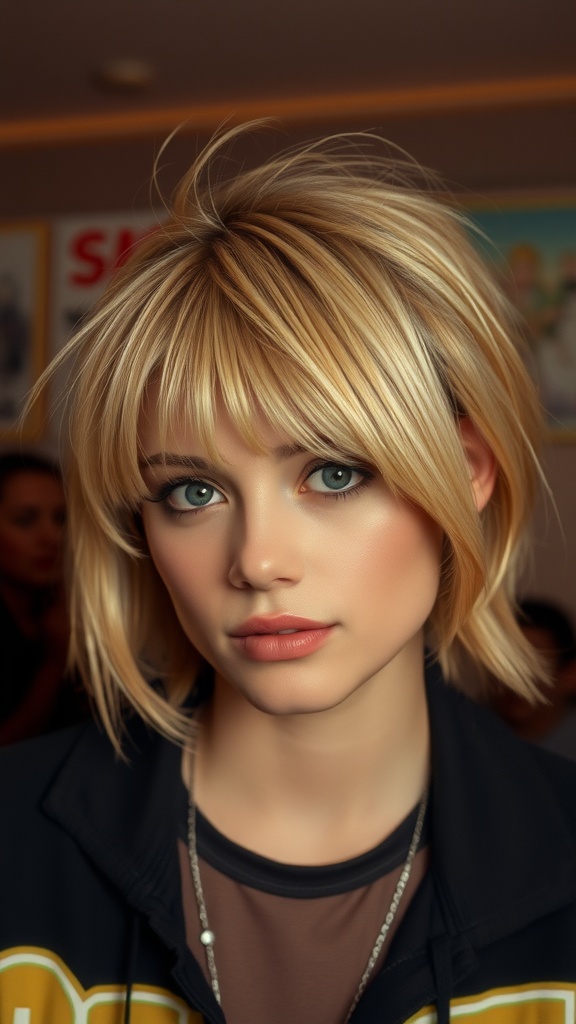 A model with side-swept bangs and voluminous hair, showcasing a 90s bombshell hairstyle.