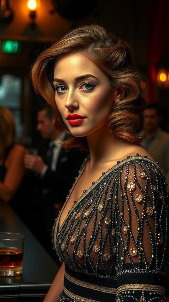 A woman with side-swept curls, wearing a glamorous outfit, showcasing vintage 1920s hair.