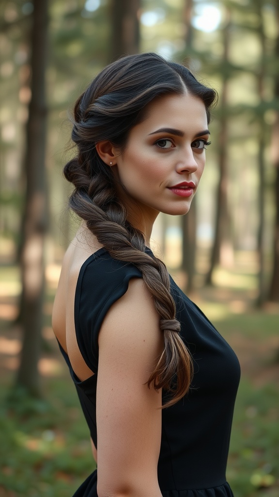 A woman with a side-swept fishtail braid in a forest setting, showcasing a Viking-inspired hairstyle.