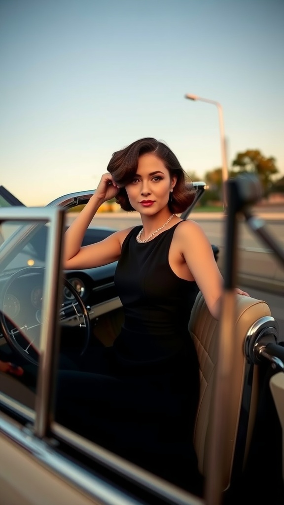 A woman with side-swept hair styled in soft waves, sitting in a vintage car, showcasing 60s hair glamour.