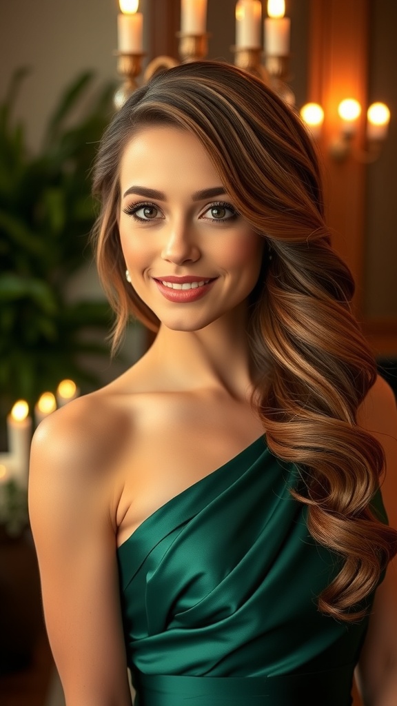 A woman with side-swept Hollywood waves wearing a green dress, smiling elegantly.