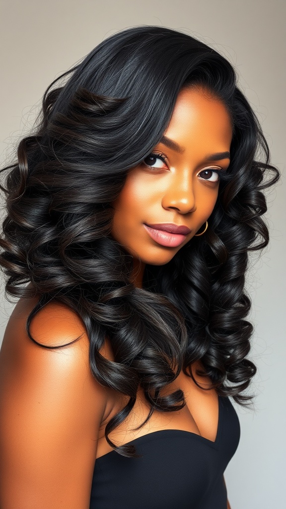 A woman with side-swept natural curls, showcasing a stylish hairstyle.