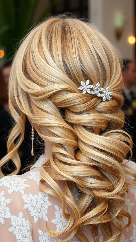 A close-up view of a side-swept hairstyle featuring soft waves and a sparkling floral hairpin.